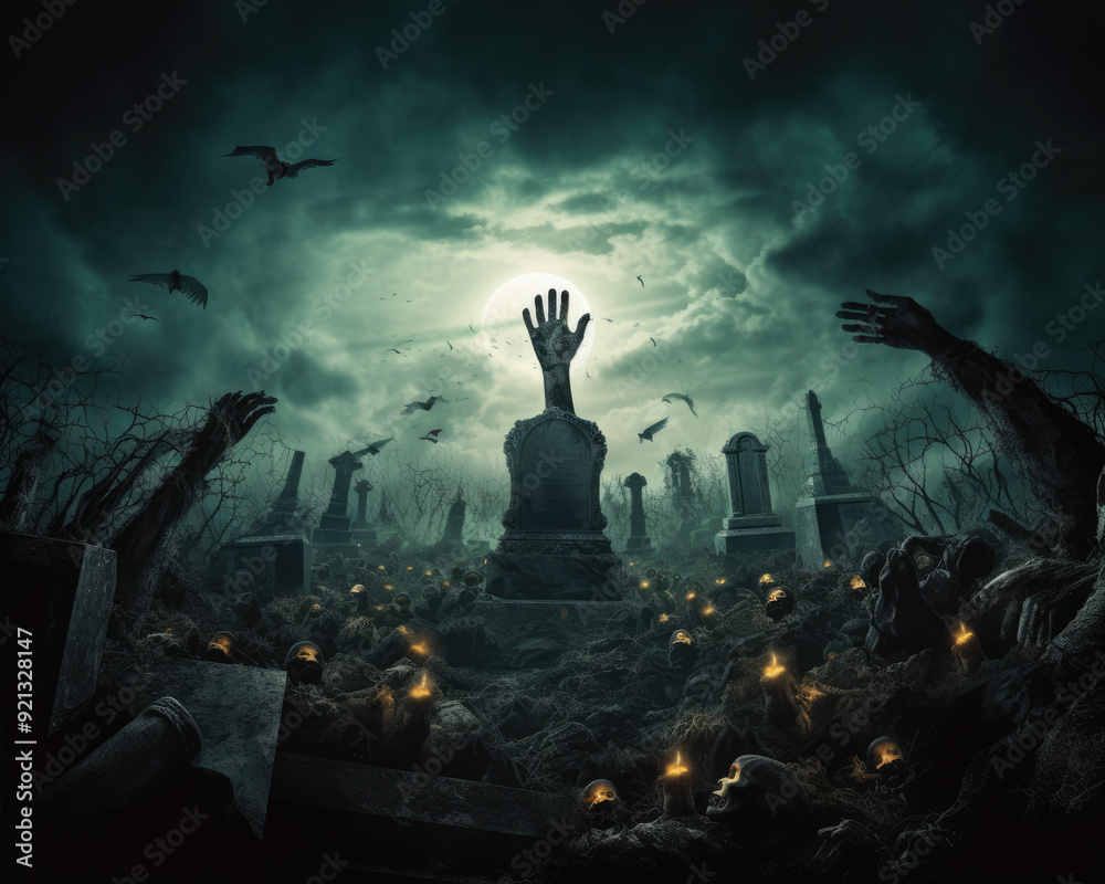 Zombie hand rising out of a spooky graveyard Zombie hand rising out of a spooky graveyard