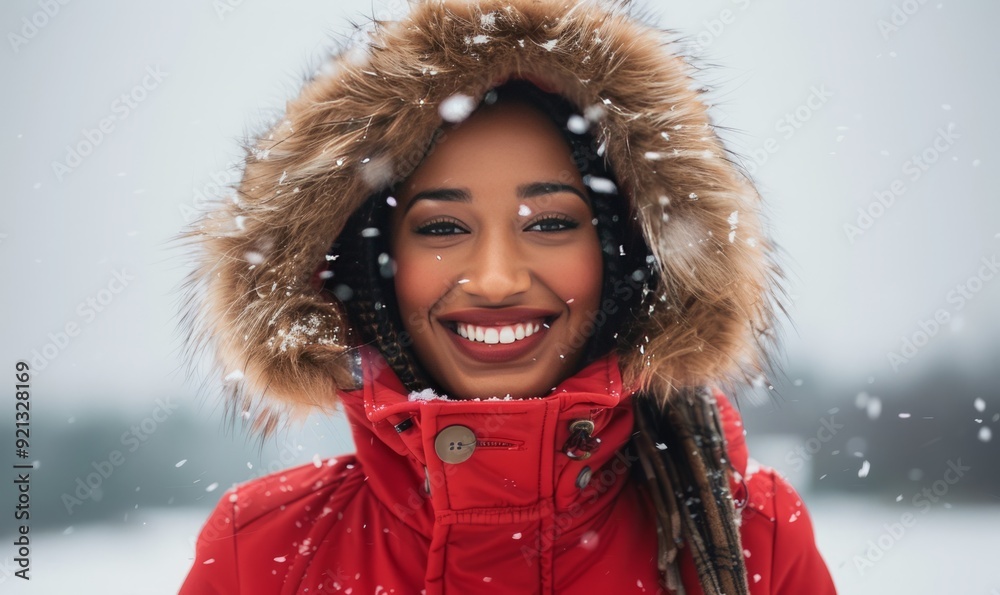 of radiant woman in a red jacket with a fur trimmed hood smiling against a snowy winter landscape of radiant woman in a red jacket with a fur trimmed hood smiling against a snowy winter landscape