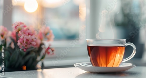 Warm Cup of Tea on Table With Flowers at Sunset in Cozy Interior