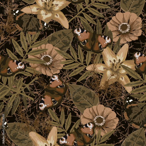 Brown camouflage seamless pattern with lush foliage, leaves, flowers, butterfly. Wild nature. For apparel, fabric, textile, sport goods design.