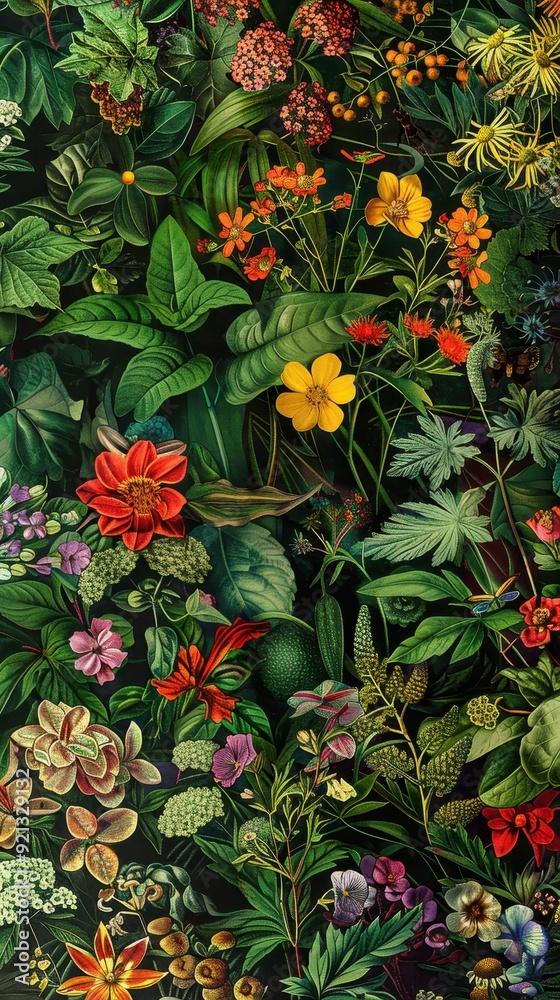A rich variety of colorful flowers and foliage creates a lush, vibrant atmosphere in this natural paradise A rich variety of colorful flowers and foliage creates a lush, vibrant atmosphere in this natural paradise