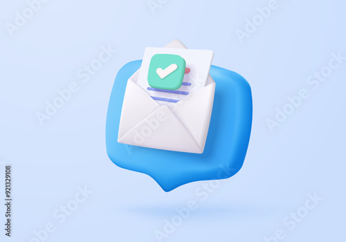 3d mail envelope icon with contact sheet on pastel background. Minimal email letter with letter paper read concept. 3d mail address with message icon vector render illustration
