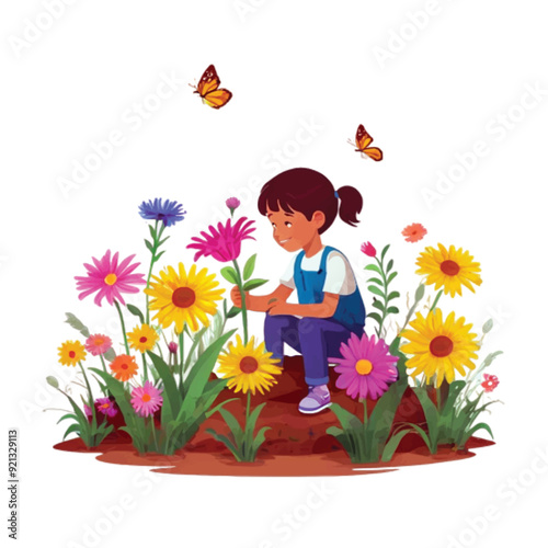 A kid is playing in her flower garden symbolizing the concept of saving our mother earth isolated on white vector illustrator 