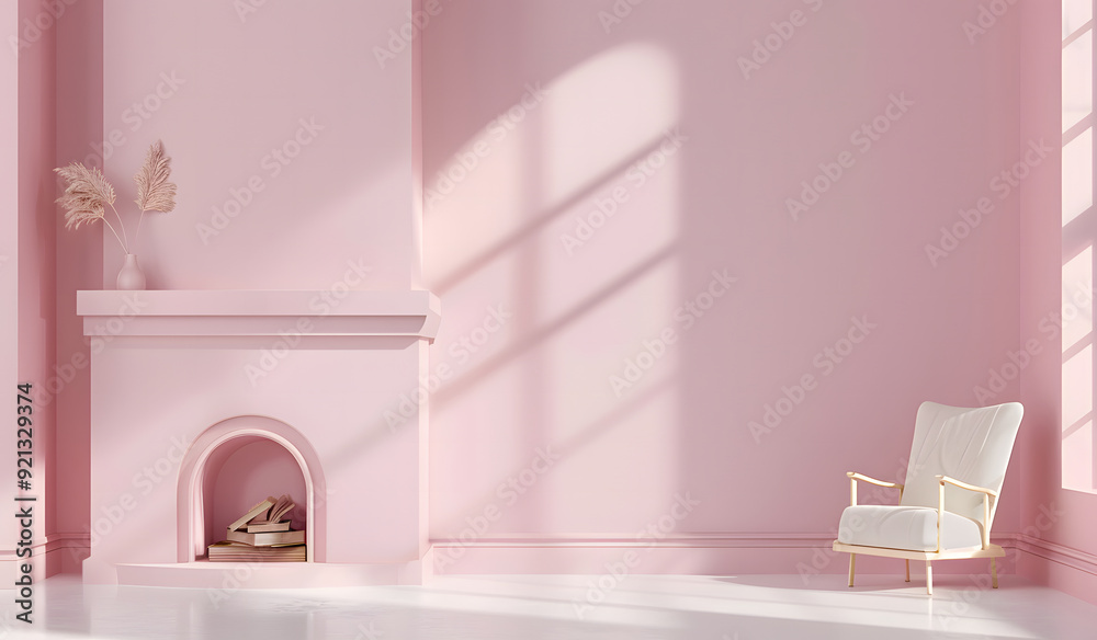 A pastel pink room with a beach-inspired decor features a large wicker chair, a beach umbrella, and coastal elements like starfish and coral. The interior design blends indoor comfort A pastel pink room with a beach-inspired decor features a large wicker chair, a beach umbrella, and coastal elements like starfish and coral. The interior design blends indoor comfort