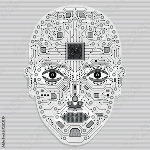 Artificial intelligence concept. Human face made of circuits with a microchip in the forehead in black color