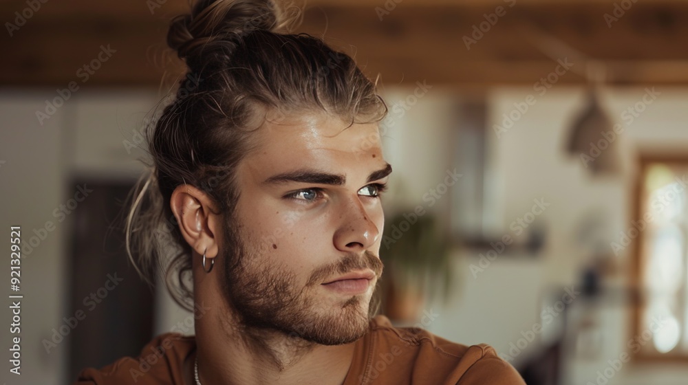 Man with a man bun and undercut, casual style Man with a man bun and undercut, casual style