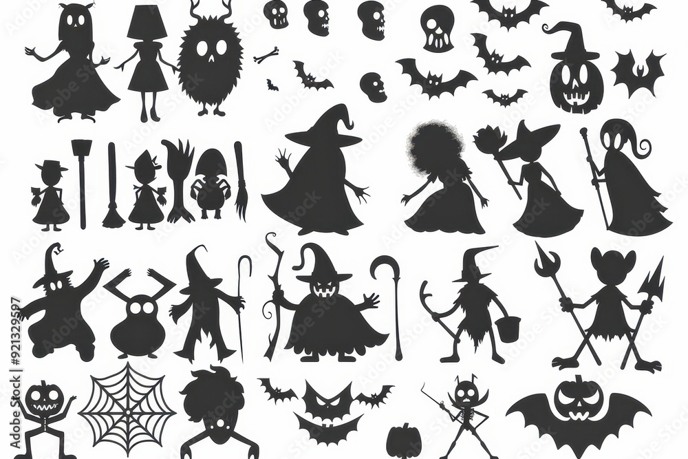 A collection of Halloween-themed silhouette designs featuring witches, ghosts, bats, and pumpkins A collection of Halloween-themed silhouette designs featuring witches, ghosts, bats, and pumpkins