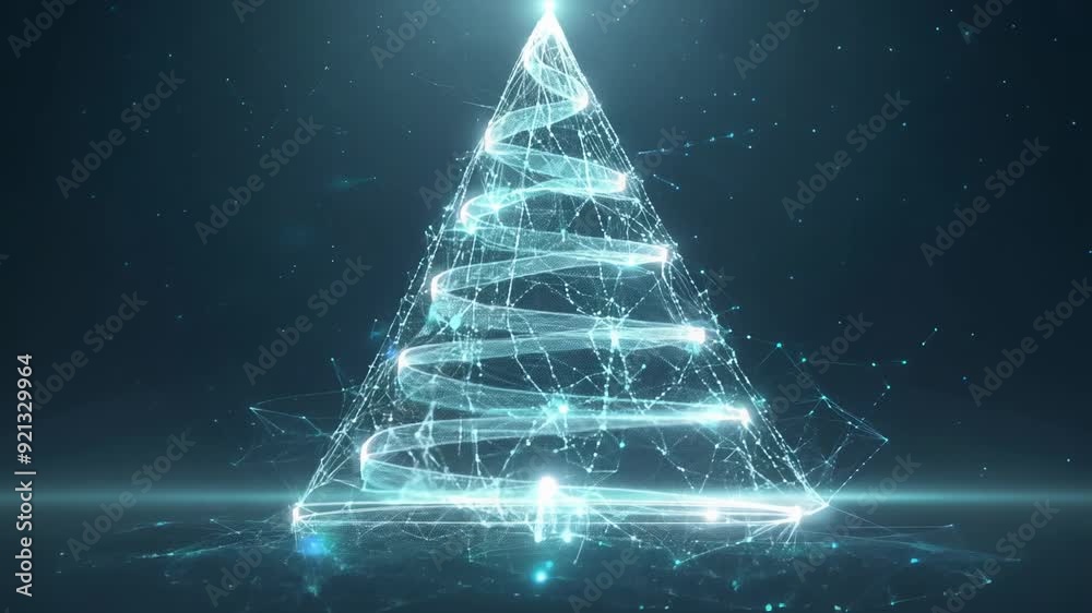 Futuristic glowing Christmas tree with digital spirals against dark background.