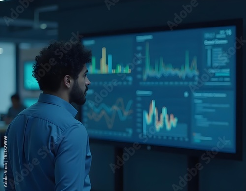 One man wearing a blue shirt, standing in front of a large digital screen displaying complex data create with ai