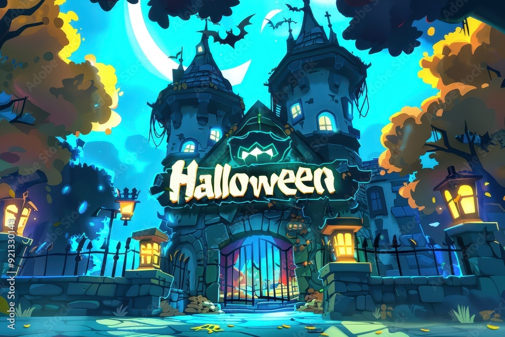 A spooky Halloween gate with a haunted castle backdrop and glowing lanterns at night A spooky Halloween gate with a haunted castle backdrop and glowing lanterns at night
