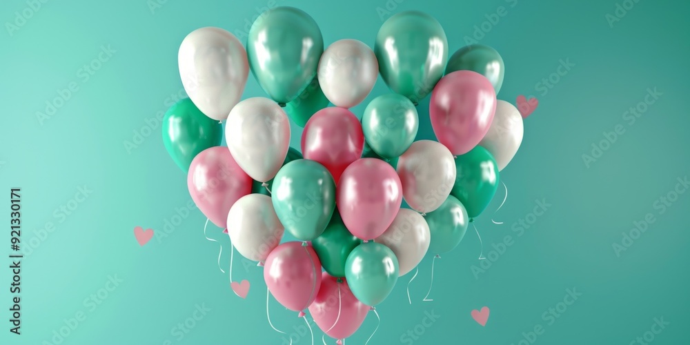 Multicolored Balloon Love Heart. Pink, White and Green Balloons arranged in a heart shape Multicolored Balloon Love Heart. Pink, White and Green Balloons arranged in a heart shape