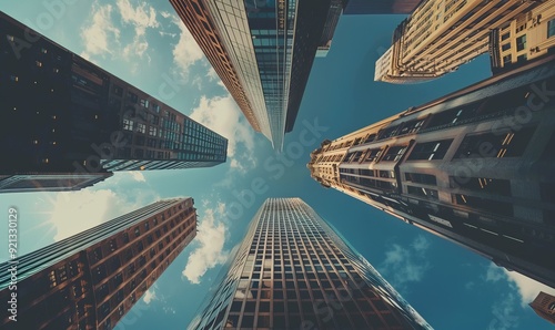 Wide-angle cityscape, exaggerated perspective, towering buildings, urban sprawl