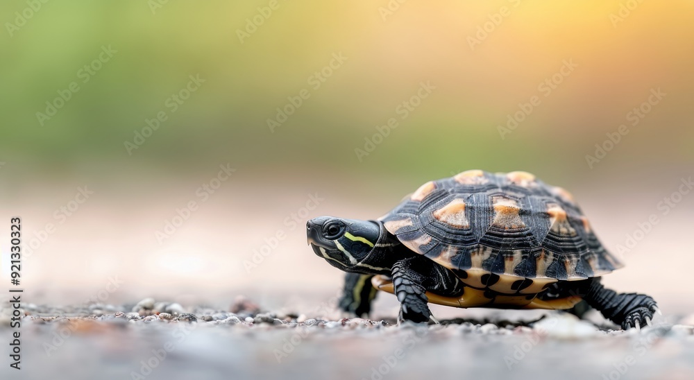 Tiny Turtle Crossing A Paved Road Under Soft Natural Light Tiny Turtle Crossing A Paved Road Under Soft Natural Light