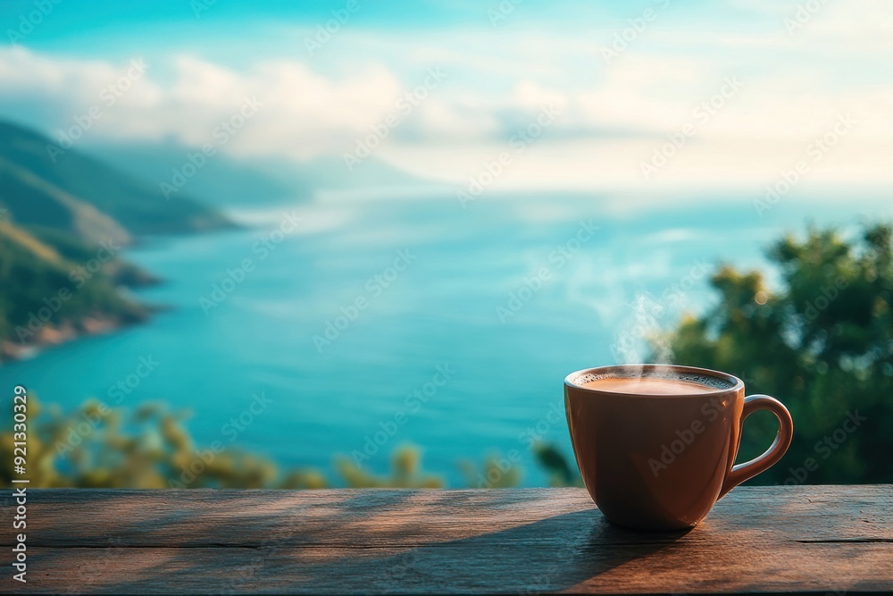 A Cup of Coffee on a Wooden Railing Overlooking a Coastal Landscape A Cup of Coffee on a Wooden Railing Overlooking a Coastal Landscape