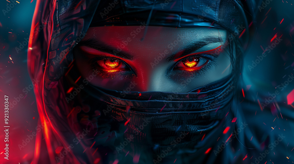 Striking portrait of a powerful cyber ninja Female, dark fantasy art style, vibrant highlights Striking portrait of a powerful cyber ninja Female, dark fantasy art style, vibrant highlights