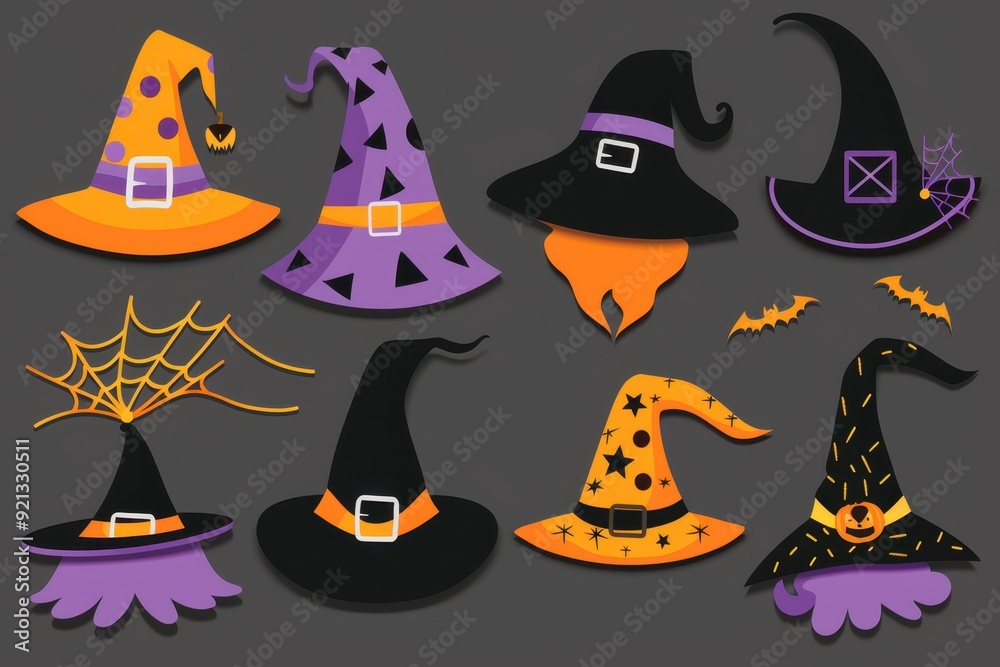 A collection of colorful Halloween witch hats displayed on a dark background A collection of colorful Halloween witch hats displayed on a dark background