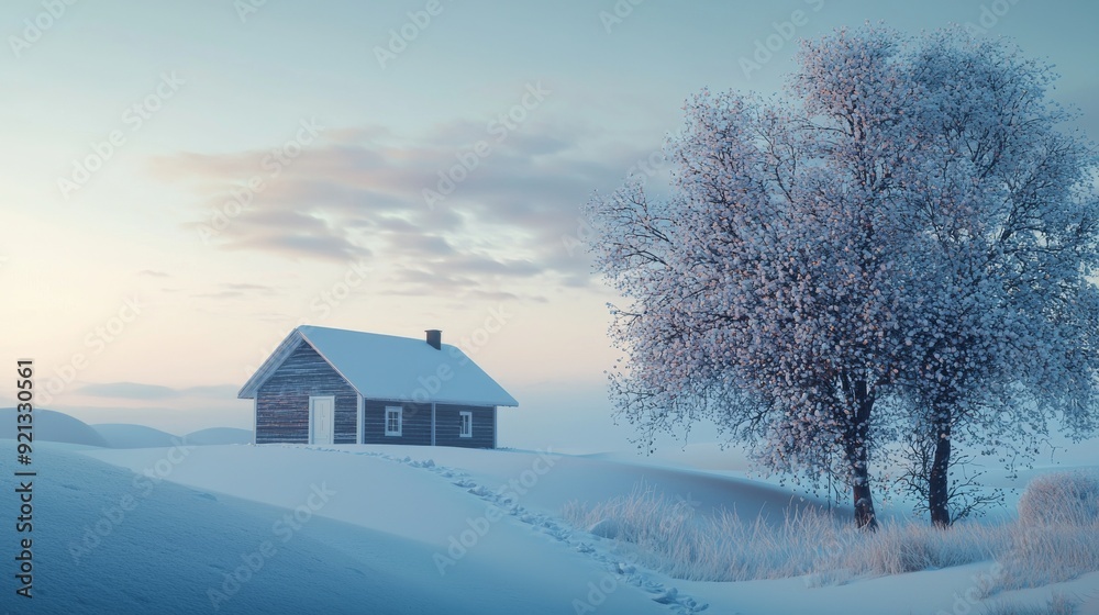 A Serene Winter Landscape Featuring a Charming Snowy House Surrounded by Beautiful Trees A Serene Winter Landscape Featuring a Charming Snowy House Surrounded by Beautiful Trees