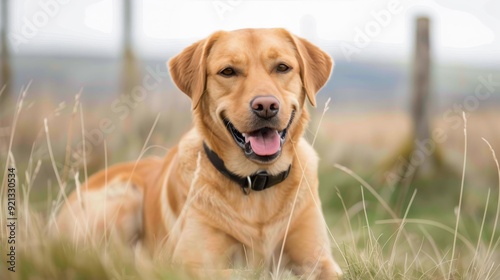 Happy Labrador Retriever Relaxing On Green Grass In A Sunlit Park