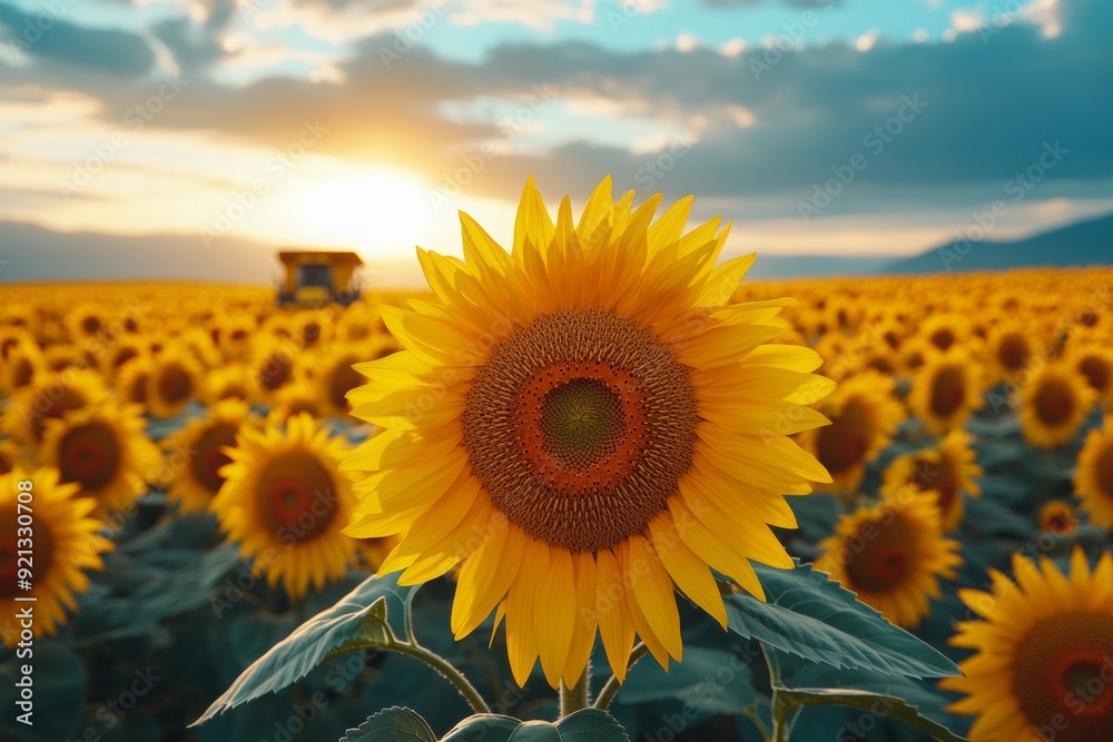 Fototapeta premium Harvesting agricultural crops in the fields with the help of modern tractors and combines, AI generated