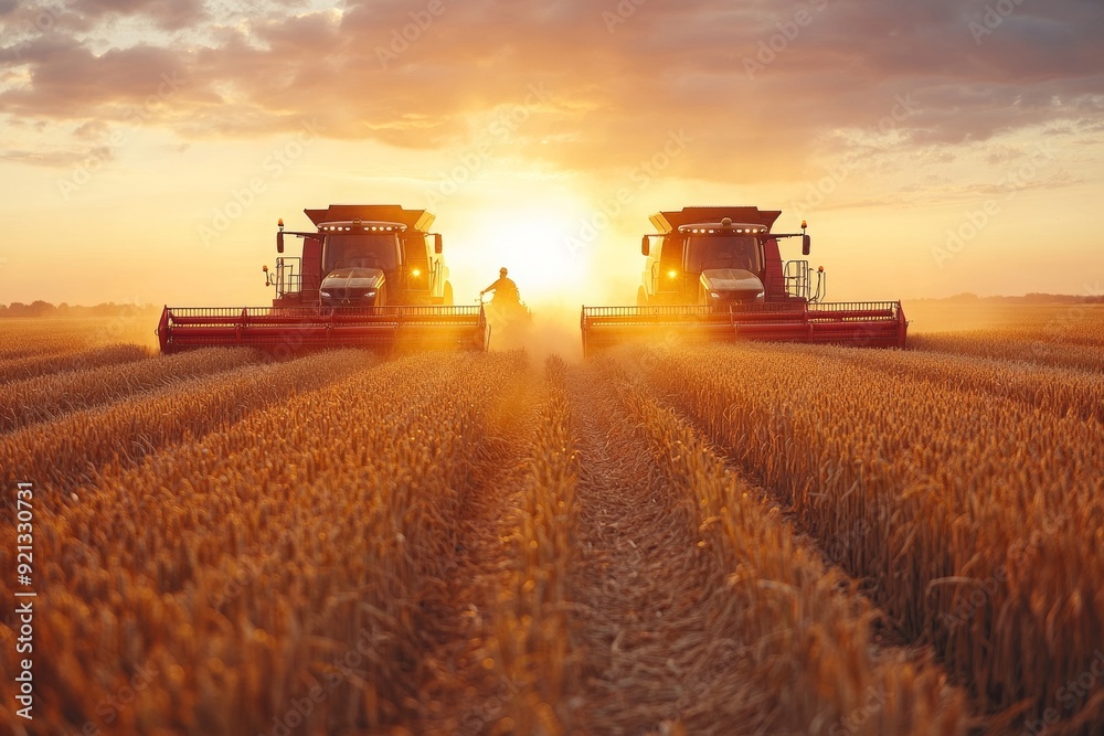 Harvesting agricultural crops in the fields with the help of modern tractors and combines, AI generated Harvesting agricultural crops in the fields with the help of modern tractors and combines, AI generated