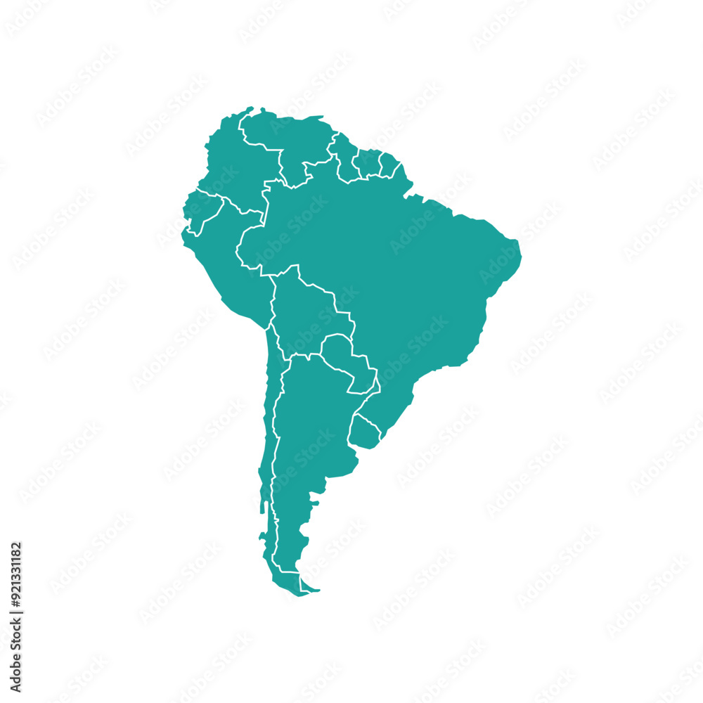 South America isolated torquoise map on white background. High detailed, with board. Brazil, Peru, Venezuela, Paraguay, Argentina, Colombia, Ecuador, Chile, Uruguay. South America isolated torquoise map on white background. High detailed, with board. Brazil, Peru, Venezuela, Paraguay, Argentina, Colombia, Ecuador, Chile, Uruguay.