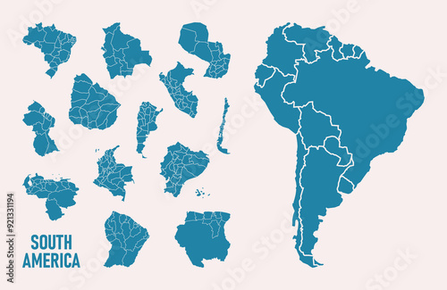 Set South America isolated map on white background. High detailed, with board. Brazil, Peru, Venezuela, Paraguay, Argentina, Colombia, Ecuador, Chile, Uruguay.