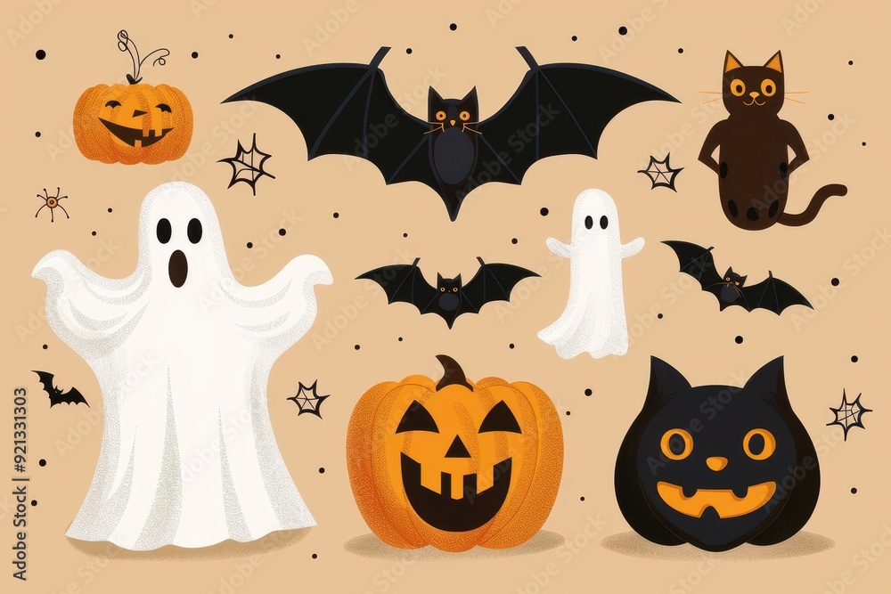 Fototapeta premium Spooky Halloween decorations featuring ghosts, bats, cats, pumpkins, and spiders against a warm backdrop