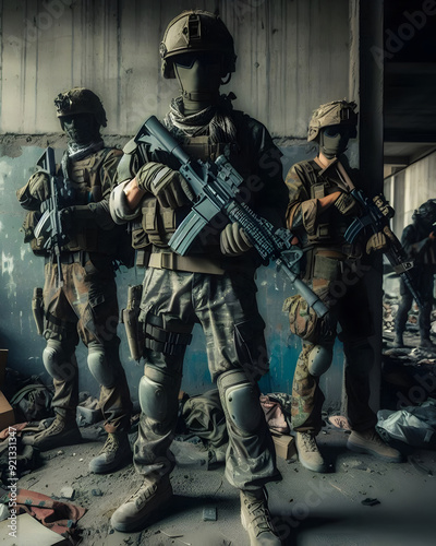 Squad of Army Rangers moving along the concrete wall on mission. They are ready to contact with enemy and to kill. Outdoor location shot, darkness of night, dim light