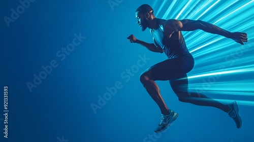 Vibrant and dynamic sports advertising banner featuring an athletic man in motion, showcasing running shoes against a blue background with streaks of light and shadow, composition, runner, stance, run