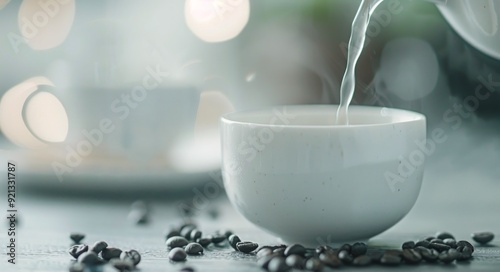 Pouring Hot Tea Into A White Cup Surrounded By Coffee Beans