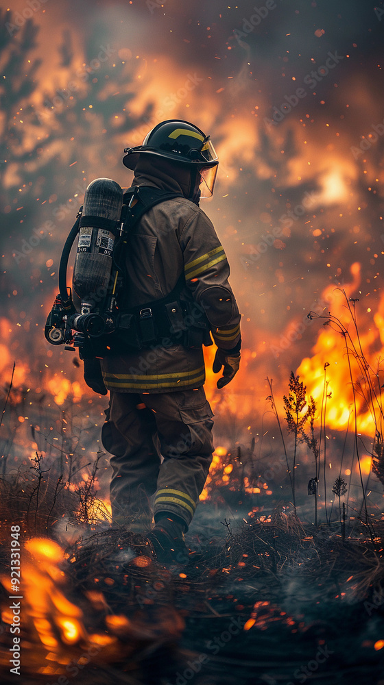 Naklejka premium A firefighter is walking through a field of burning grass. The scene is intense and dramatic, with the firefighter's gear and the flames creating a sense of danger and urgency