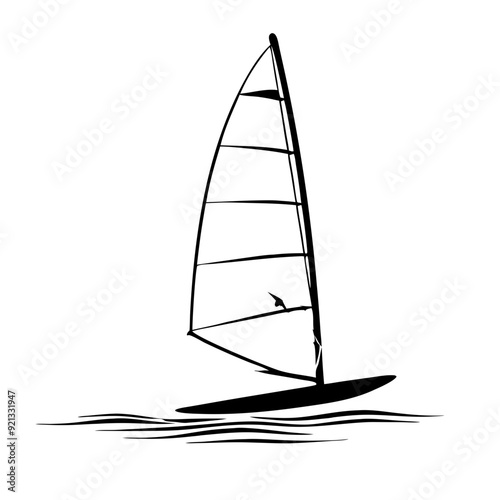 line drawing of sailboard gliding gracefully across waters, sailing, sport, windsurfing