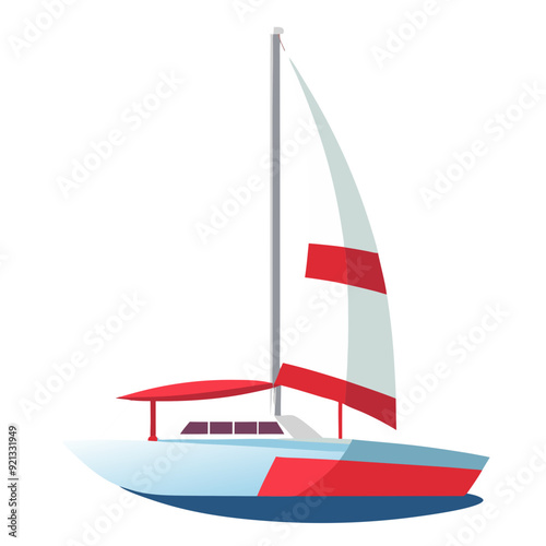 sleek cartoon blue catamaran sailing boat, watercraft with red and white sails