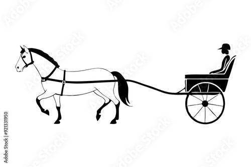 line art trotting pony pulling trap, cart with driver during leisurely ride 