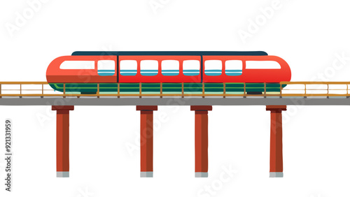 cartoon city monorail system, orange train elevated on stilts, urban commuting