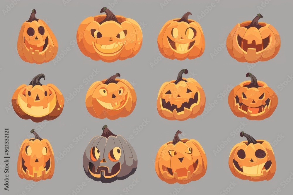 A collection of festive Halloween pumpkins with various playful faces on a gray background A collection of festive Halloween pumpkins with various playful faces on a gray background