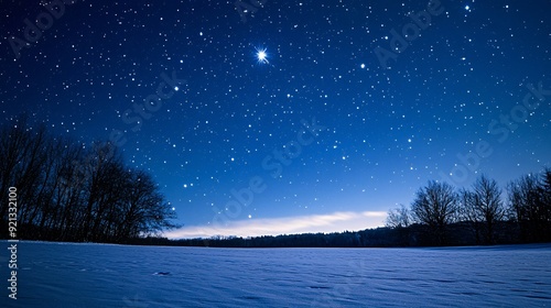 Starry sky over snowy landscape, snow field, winter nature, ground, beauty, moon, horizon, snowfield with trees and foliage under clear celestial light. In the style, filled, landscape