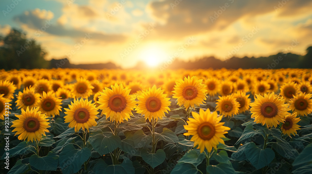 Fototapeta premium Beautiful depicting field with sunflowers close up