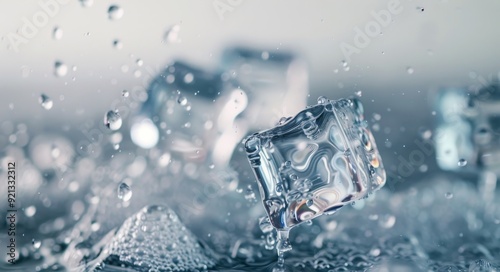 Ice Cubes Splashing in Clear Water With Droplets in a Bright Environment