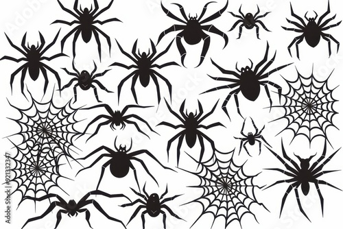 Black spiders and webs in a creative arrangement on a white background