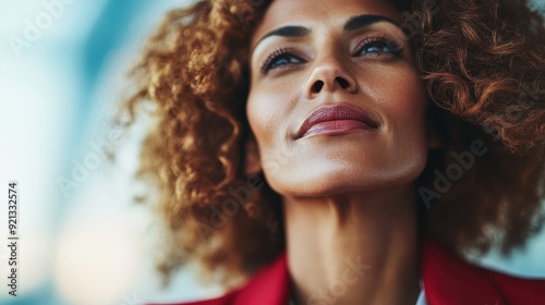 A close-up photograph of a woman looking upwards with a determined expression. Her curly hair frames her face, emphasizing her confident and purposeful aura.