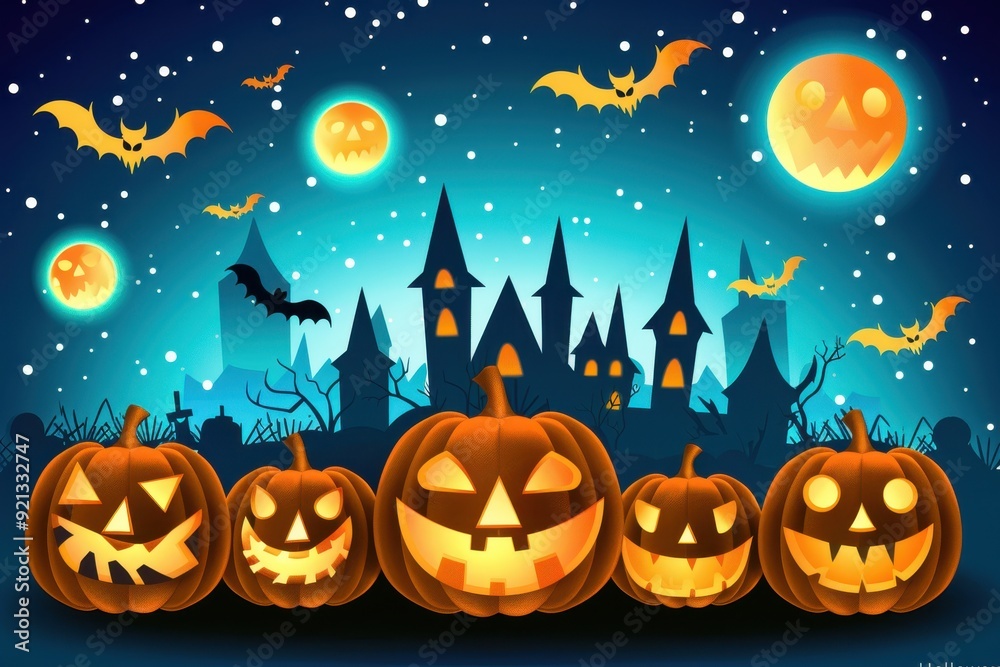 Halloween night with glowing jack-o'-lanterns in front of a spooky castle under a starry sky Halloween night with glowing jack-o'-lanterns in front of a spooky castle under a starry sky