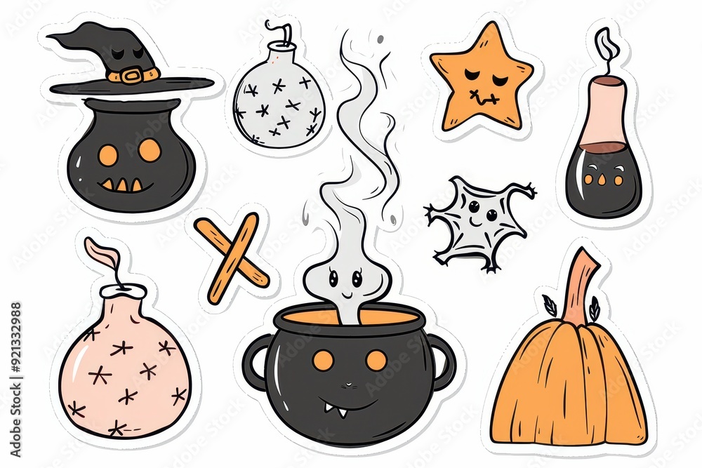 Halloween-themed doodles featuring spooky elements like a witch hat, pot, pumpkin, and candle Halloween-themed doodles featuring spooky elements like a witch hat, pot, pumpkin, and candle