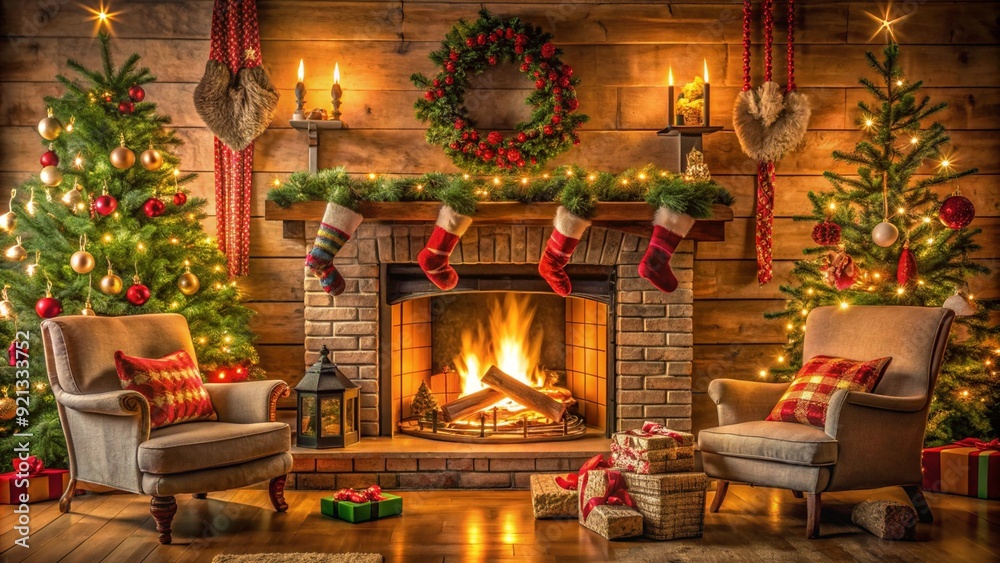 Fototapeta premium Christmas, Holiday fireplace.