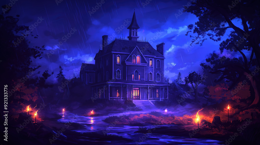 A chilling mansion towers under stormy skies, haunted by flickering apparitions and echoes of its haunted history. A chilling mansion towers under stormy skies, haunted by flickering apparitions and echoes of its haunted history.