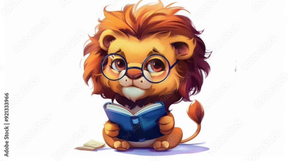 Fototapeta premium Chibi lion with glasses, nerdy and cute, holding a book, vibrant tones, isolated on white background