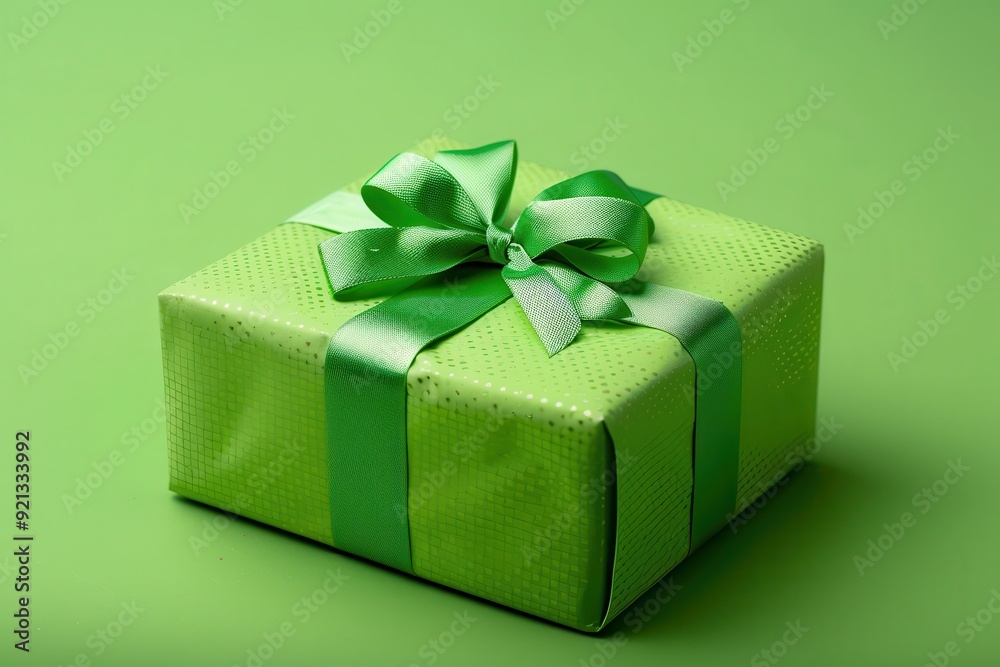 Obraz premium Green Gift Box for Celebrating Anniversary or Birthday with Brightly Colored Bow