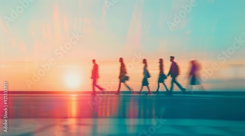 Silhouetted Figures Walking Towards Sunset at Urban Crosswalk