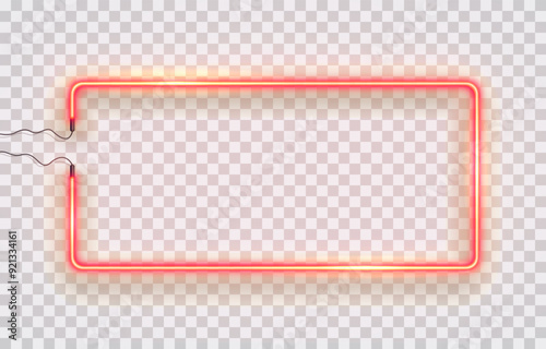 Neon rectangle lamp wall sign isolated on transparent background. Vector red power glowing bulb banner, light line border or frame