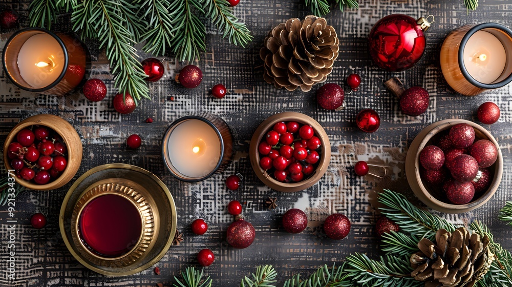 Rustic holiday candles and pinecones with red ornaments, Christmas decor on weathered wood, cozy winter atmosphere